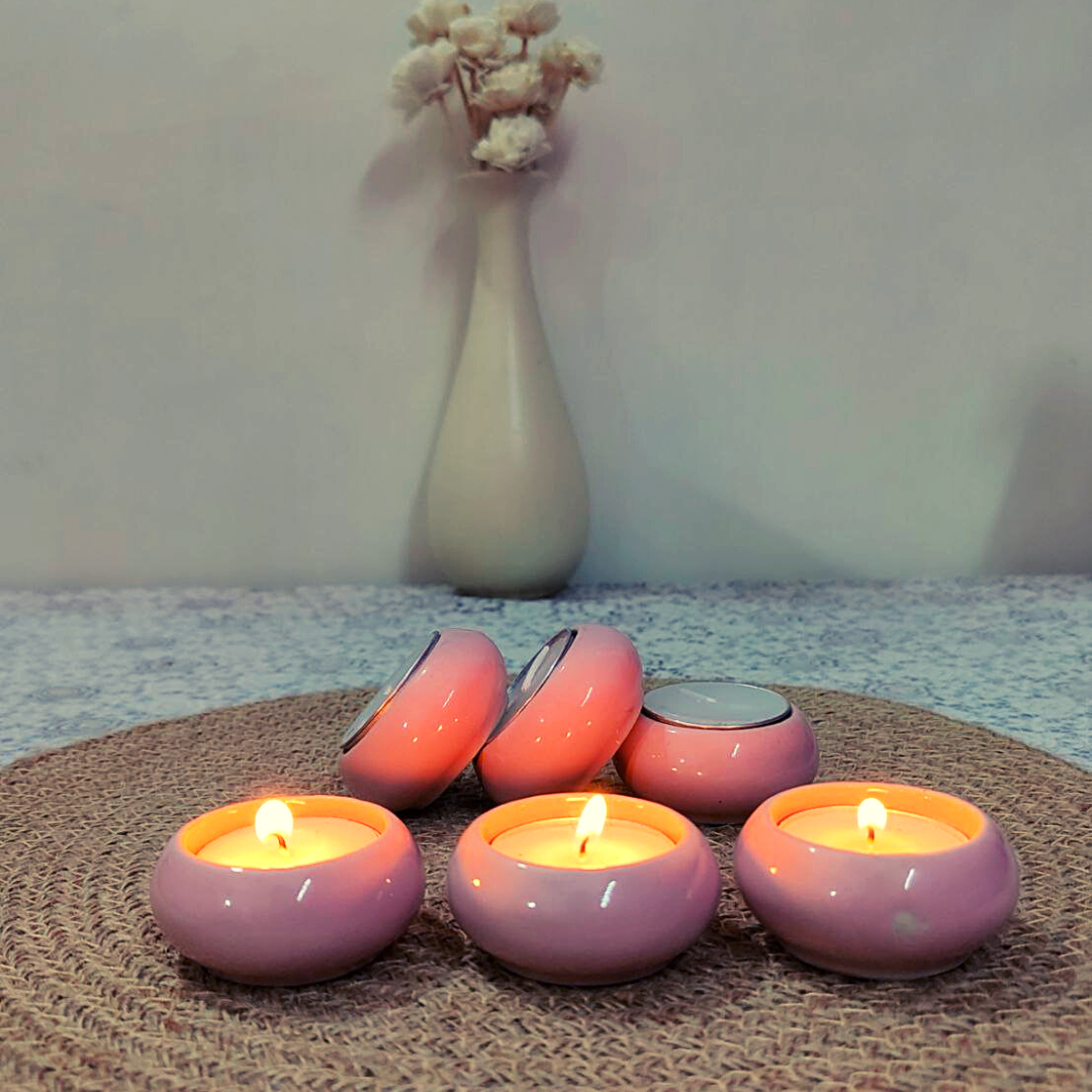 Homefrills Ceramic Hand-Painted Reusable Tealight Candle Holders /Diya with Candles Tealight Holder Stand for Home Decoration - Pack of 6 Ceramic tealight Holders with 6 Candles (Colour-Pink)